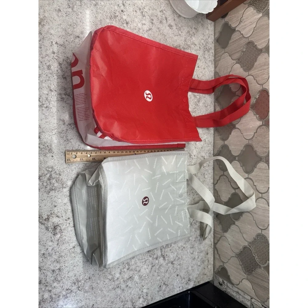 Lululemon 2 Reusable Shopping Tote Bag Red And Off White Logo 12x9